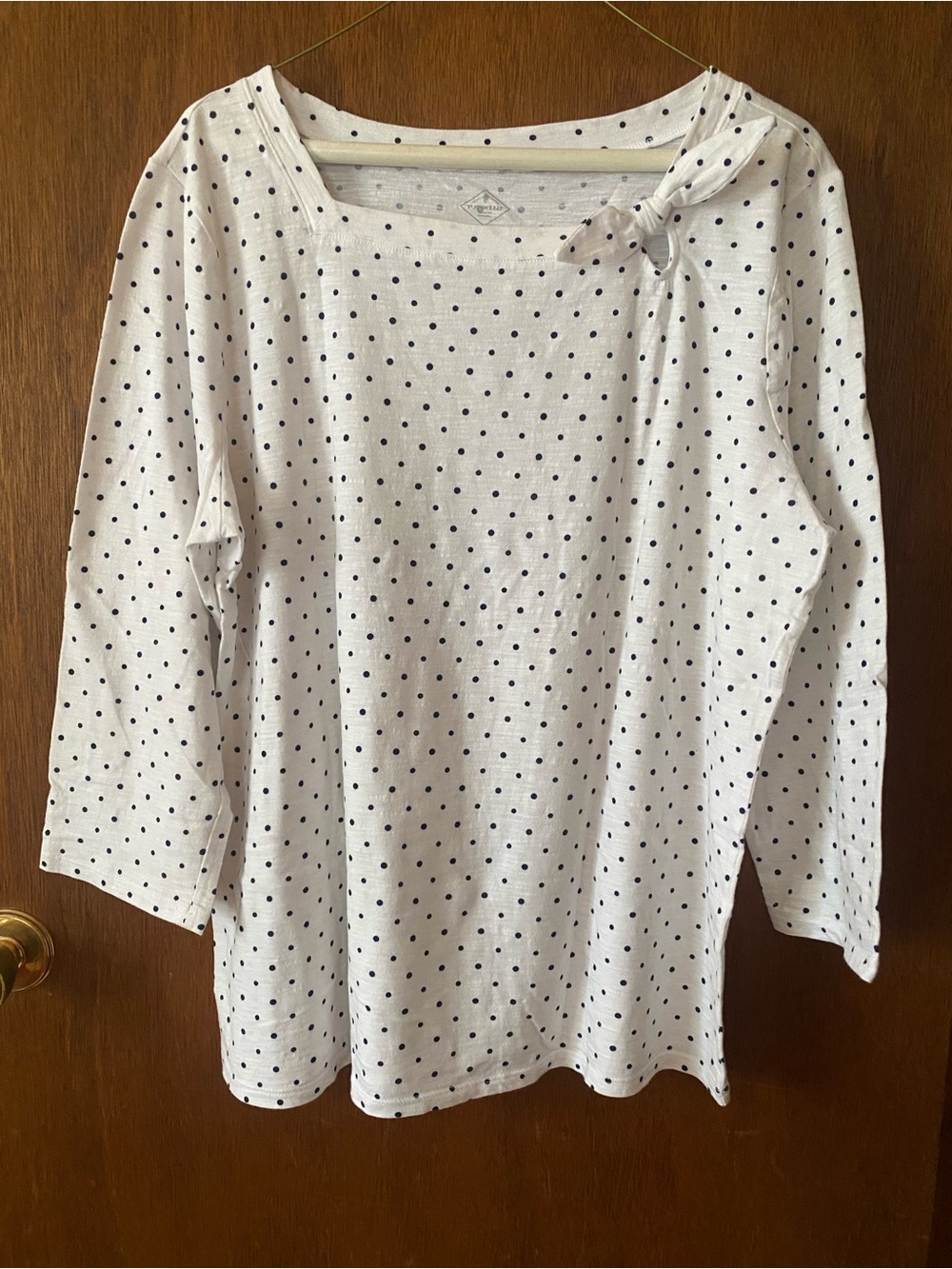 St. John's Bay White Long-Sleeve Polka Dot Top with Neck Tie